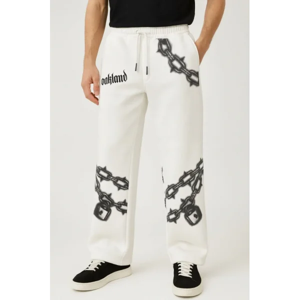 Erkek Üç İplik Pamuklu Baskılı Cepli Jogger Buggy Pantalon Oversize Kalıp - Beyaz