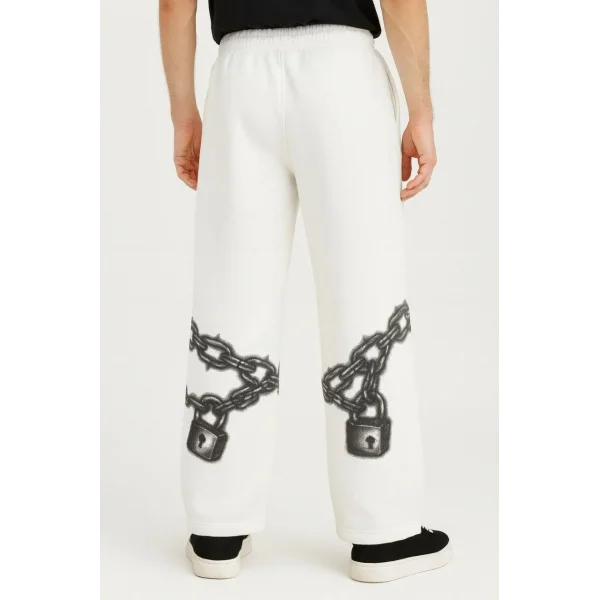 Erkek Üç İplik Pamuklu Baskılı Cepli Jogger Buggy Pantalon Oversize Kalıp - Beyaz