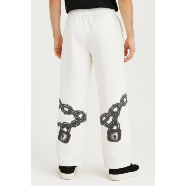 Erkek Üç İplik Pamuklu Baskılı Cepli Jogger Buggy Pantalon Oversize Kalıp - Beyaz