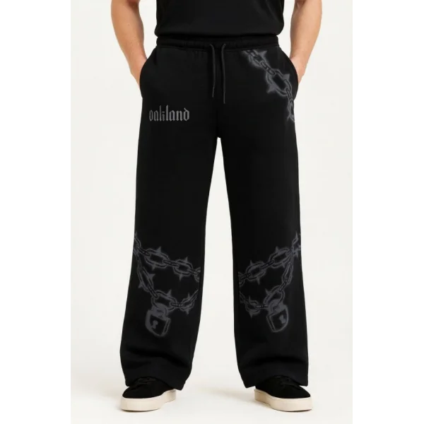 Erkek Üç İplik Pamuklu Baskılı Cepli Jogger Buggy Pantalon Oversize Kalıp - Siyah