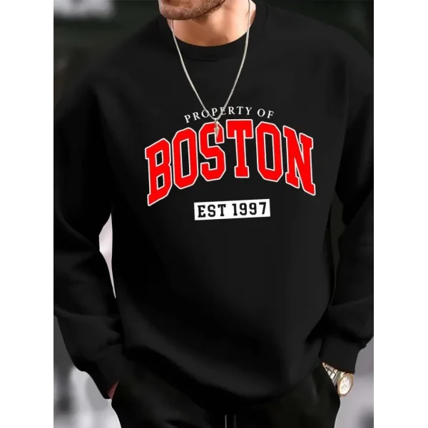 Erkek Uzun Kollu Bisiklet Yaka Boston Yazılı Iki Iplik Bluz