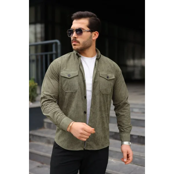 Erkek Uzun Kollu Cepli Kadife Gömlek
