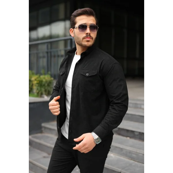 Erkek Uzun Kollu Cepli Kadife Gömlek
