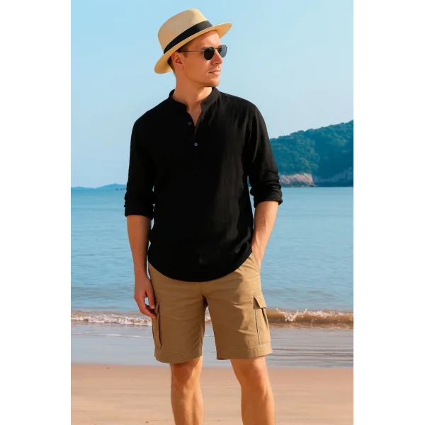 Erkek Uzun Kollu Hakim Yaka Düğmeli Erkek Müslim Gömlek