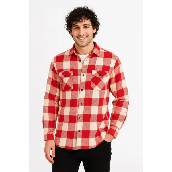 Erkek Oduncu Gömlek – Uzun Kollu, Şardonlu Kumaş, Kareli Desen, Regular Fit, Manşetli, Çift Cepli, Rahat Günlük Bahar & Kış Stil - Kırmızı