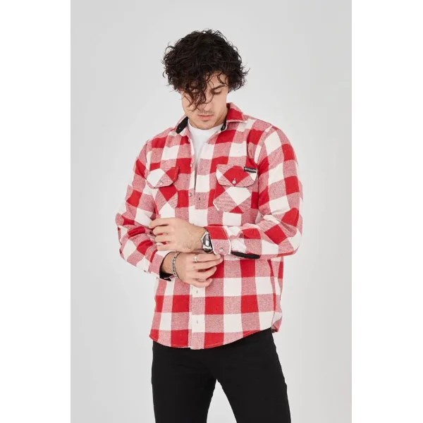 Erkek Oduncu Gömlek – Uzun Kollu, Şardonlu Kumaş, Kareli Desen, Regular Fit, Manşetli, Çift Cepli, Rahat Günlük Bahar & Kış Stil - Kırmızı