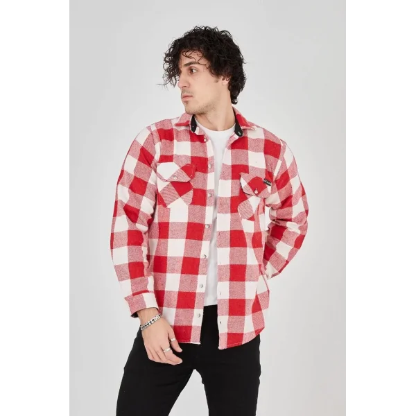 Erkek Oduncu Gömlek – Uzun Kollu, Şardonlu Kumaş, Kareli Desen, Regular Fit, Manşetli, Çift Cepli, Rahat Günlük Bahar & Kış Stil - Kırmızı