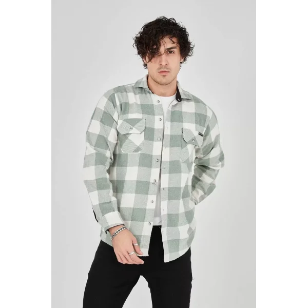 Erkek Uzun Kollu Oduncu Gömlek - Mint yeşili