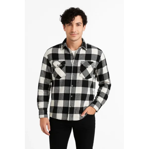 Erkek Oduncu Gömlek – Uzun Kollu, Şardonlu Kumaş, Kareli Desen, Regular Fit, Manşetli, Çift Cepli, Rahat Günlük Bahar & Kış Stil - Siyah