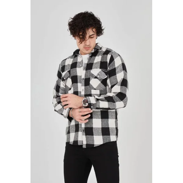 Erkek Oduncu Gömlek – Uzun Kollu, Şardonlu Kumaş, Kareli Desen, Regular Fit, Manşetli, Çift Cepli, Rahat Günlük Bahar & Kış Stil - Siyah