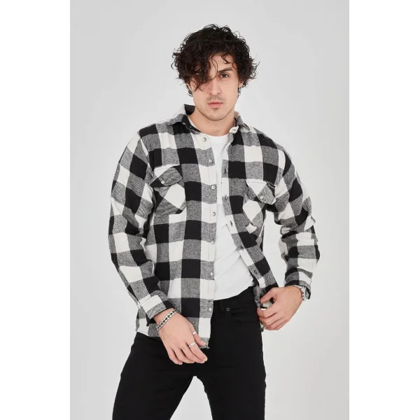 Erkek Oduncu Gömlek – Uzun Kollu, Şardonlu Kumaş, Kareli Desen, Regular Fit, Manşetli, Çift Cepli, Rahat Günlük Bahar & Kış Stil - Siyah