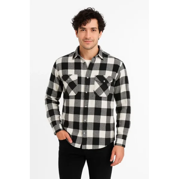 Erkek Oduncu Gömlek – Uzun Kollu, Şardonlu Kumaş, Kareli Desen, Regular Fit, Manşetli, Çift Cepli, Rahat Günlük Bahar & Kış Stil - Siyah