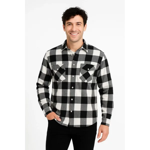 Erkek Oduncu Gömlek – Uzun Kollu, Şardonlu Kumaş, Kareli Desen, Regular Fit, Manşetli, Çift Cepli, Rahat Günlük Bahar & Kış Stil - Siyah