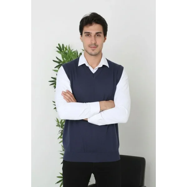 Erkek V Yaka Kolsuz Süveter Triko Kazak yumuşak dokulu Pamuklu ince Dokuma Rahat Regular kalıp - Lacivert