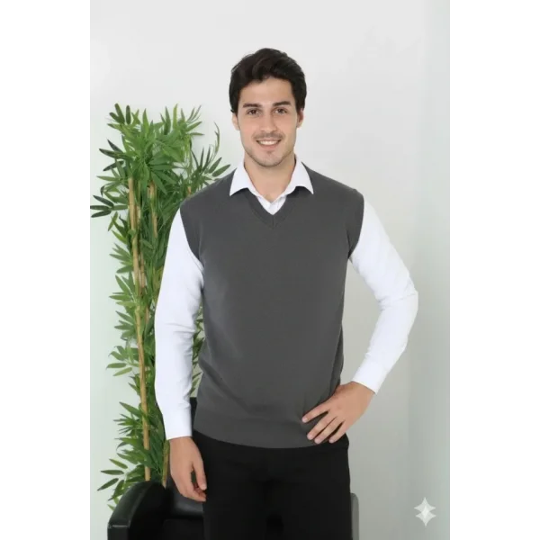 Erkek V Yaka Kolsuz Süveter Triko Kazak Yumuşak Dokulu Pamuklu Ince Dokuma Rahat Regular Kalıp - Füme