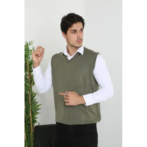 Erkek V Yaka Kolsuz Süveter Triko Kazak yumuşak dokulu Pamuklu ince Dokuma Rahat Regular kalıp - Haki