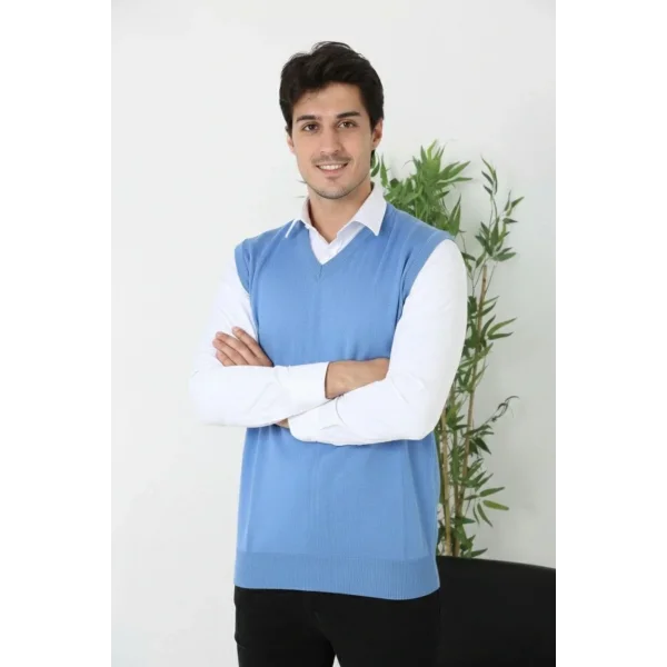 Erkek V Yaka Kolsuz Süveter Triko Kazak yumuşak dokulu Pamuklu ince Dokuma Rahat Regular kalıp - Mavi