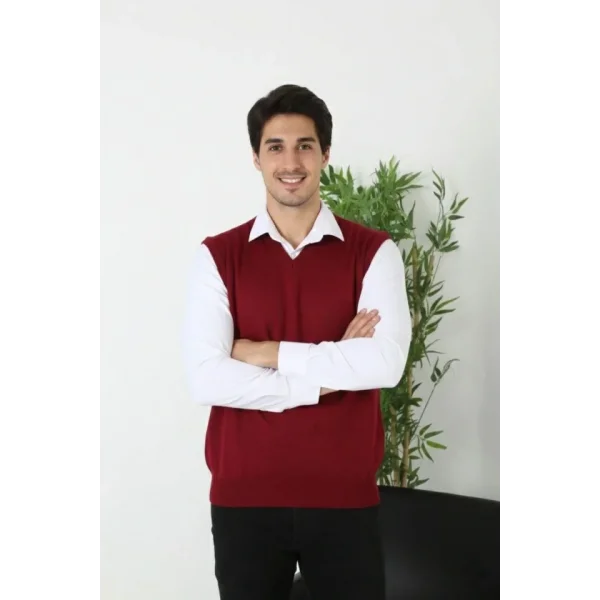 Erkek V Yaka Kolsuz Süveter Triko Kazak Yumuşak Dokulu Pamuklu Ince Dokuma Rahat Regular Kalıp - Bordo
