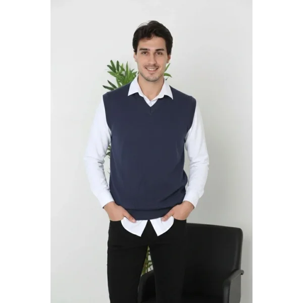 Erkek V Yaka Kolsuz Süveter Triko Kazak yumuşak dokulu Pamuklu ince Dokuma Rahat Regular kalıp - Lacivert
