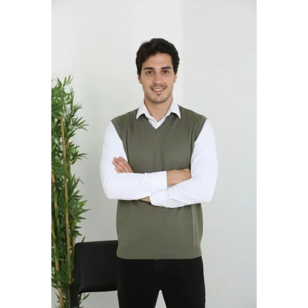 Erkek V Yaka Kolsuz Süveter Triko Kazak yumuşak dokulu Pamuklu ince Dokuma Rahat Regular kalıp - Haki