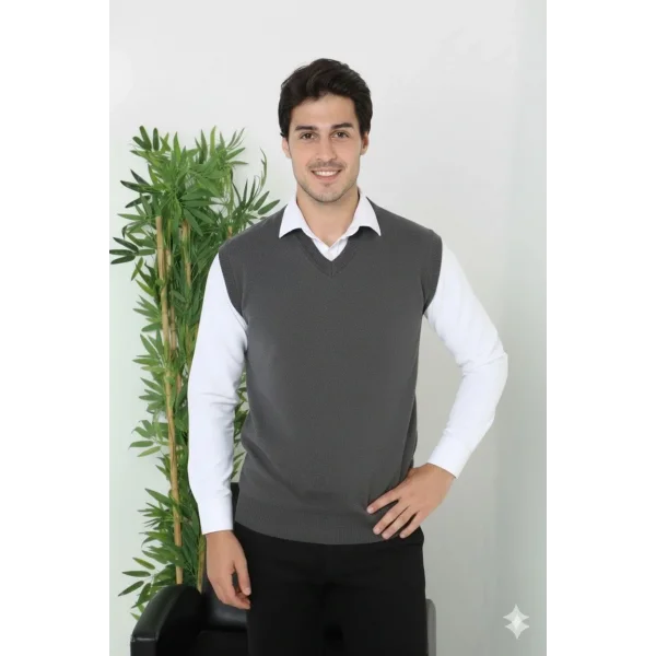 Erkek V Yaka Kolsuz Süveter Triko Kazak yumuşak dokulu Pamuklu ince Dokuma Rahat Regular kalıp - Füme