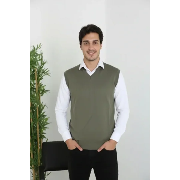 Erkek V Yaka Kolsuz Süveter Triko Kazak Yumuşak Dokulu Pamuklu Ince Dokuma Rahat Regular Kalıp - Haki