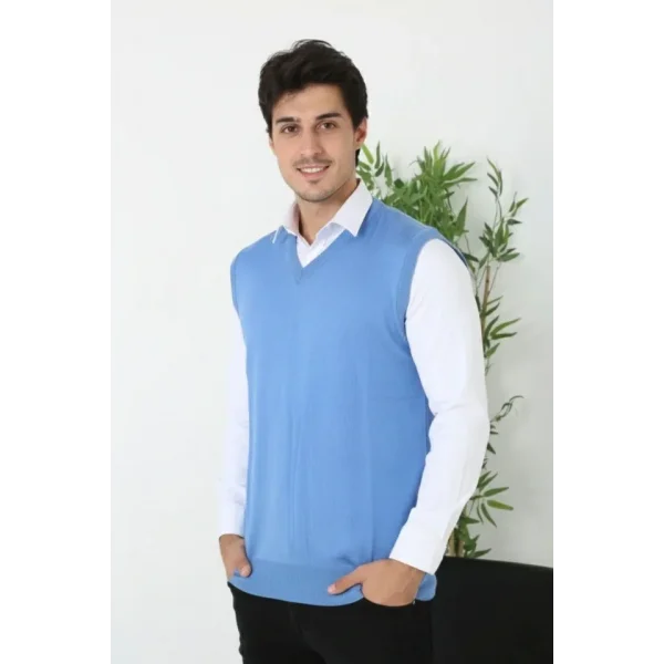 Erkek V Yaka Kolsuz Süveter Triko Kazak Yumuşak Dokulu Pamuklu Ince Dokuma Rahat Regular Kalıp - Mavi
