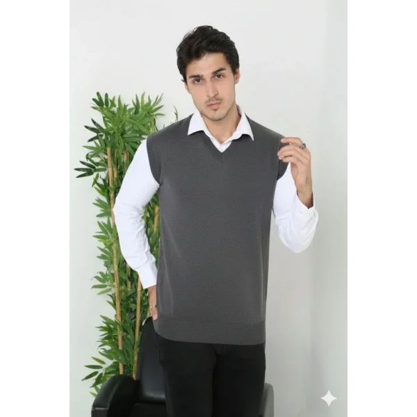 Erkek V Yaka Kolsuz Süveter Triko Kazak yumuşak dokulu Pamuklu ince Dokuma Rahat Regular kalıp - Füme