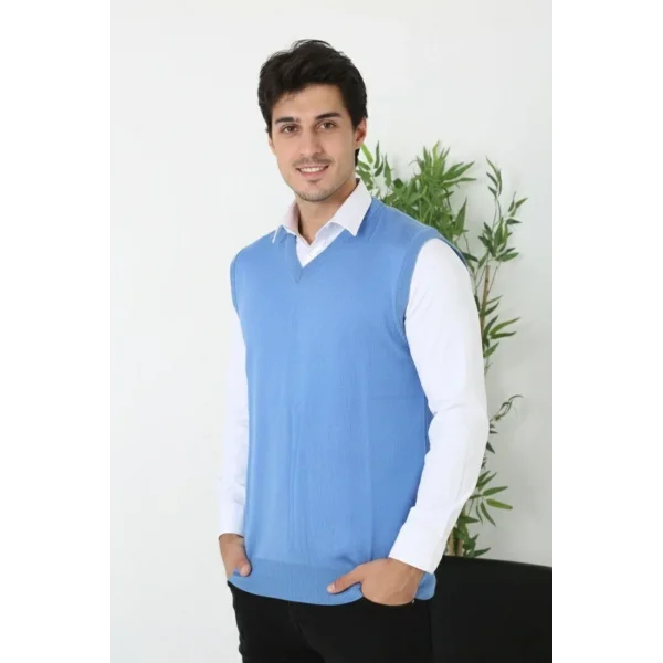 Erkek V Yaka Kolsuz Süveter Triko Kazak yumuşak dokulu Pamuklu ince Dokuma Rahat Regular kalıp - Mavi