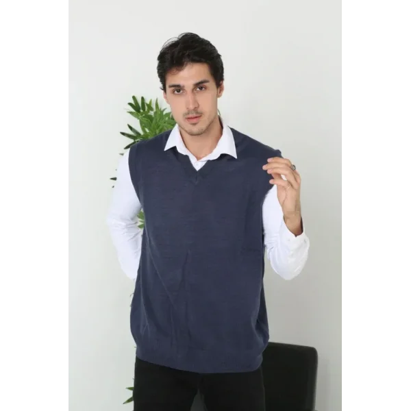 Erkek V Yaka Kolsuz Süveter Triko Kazak Yumuşak Dokulu Pamuklu Ince Dokuma Rahat Regular Kalıp - Lacivert