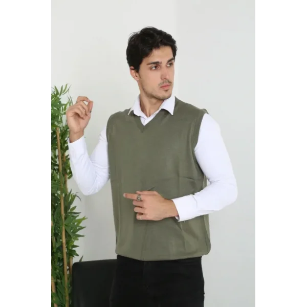 Erkek V Yaka Kolsuz Süveter Triko Kazak Yumuşak Dokulu Pamuklu Ince Dokuma Rahat Regular Kalıp - Haki