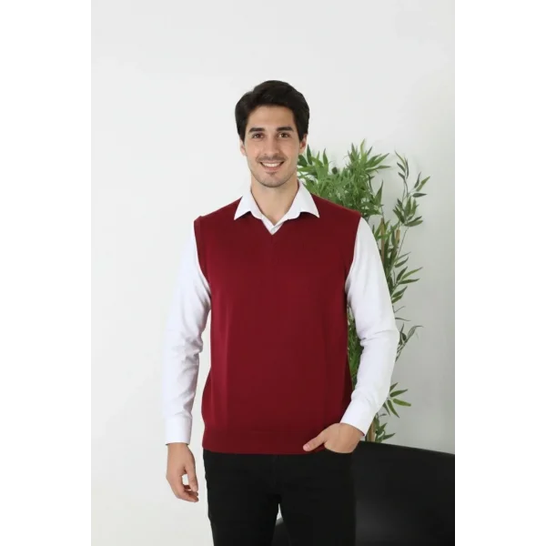 Erkek V Yaka Kolsuz Süveter Triko Kazak yumuşak dokulu Pamuklu ince Dokuma Rahat Regular kalıp - Bordo