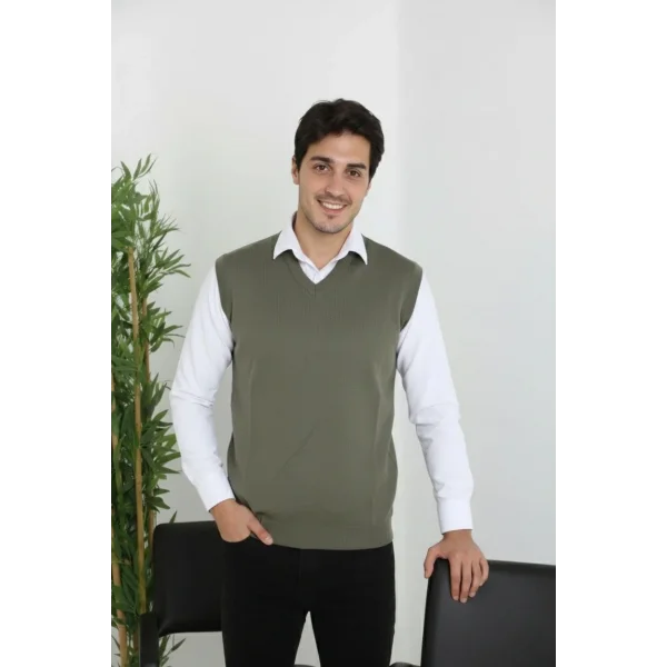 Erkek V Yaka Kolsuz Süveter Triko Kazak yumuşak dokulu Pamuklu ince Dokuma Rahat Regular kalıp - Haki