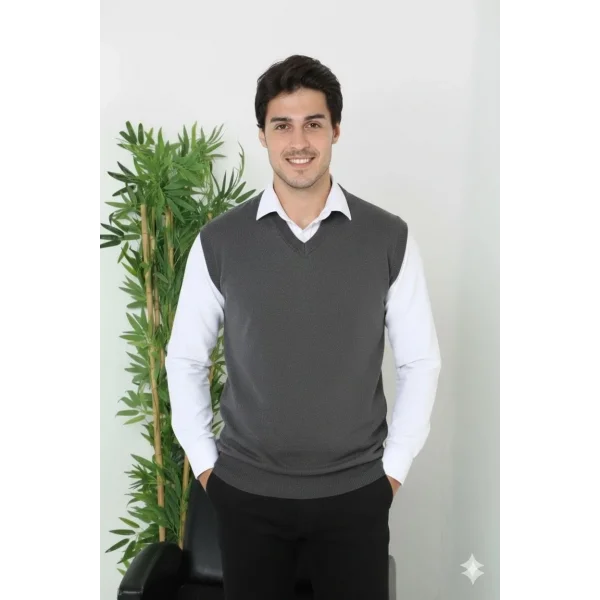 Erkek V Yaka Kolsuz Süveter Triko Kazak yumuşak dokulu Pamuklu ince Dokuma Rahat Regular kalıp - Füme