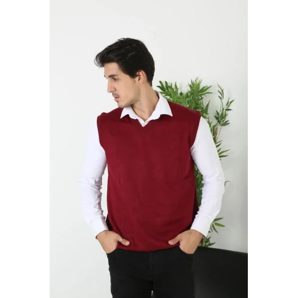 Erkek V Yaka Kolsuz Süveter Triko Kazak yumuşak dokulu Pamuklu ince Dokuma Rahat Regular kalıp - Bordo