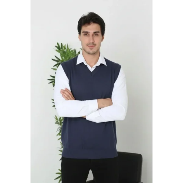 Erkek V Yaka Kolsuz Süveter Triko Kazak Yumuşak Dokulu Pamuklu Ince Dokuma Rahat Regular Kalıp - Lacivert