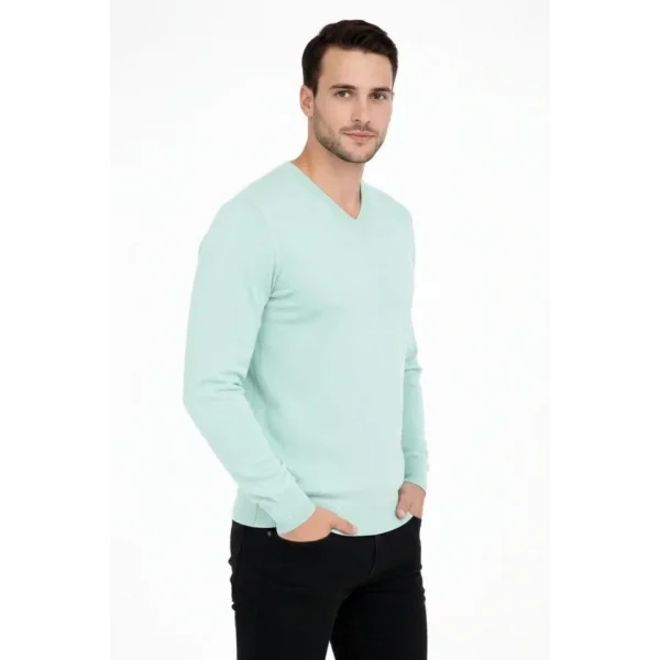 Erkek V Yaka Triko Kazak Yumuşak Dokulu Pamuklu Ince Dokuma, Uzun Kollu Rahat Regular Kalıp - Mint Yeşili
