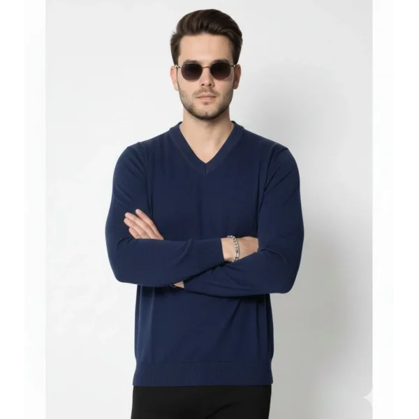 Erkek V Yaka Triko Kazak yumuşak dokulu Pamuklu ince Dokuma, uzun kollu Rahat Regular kalıp - Lacivert