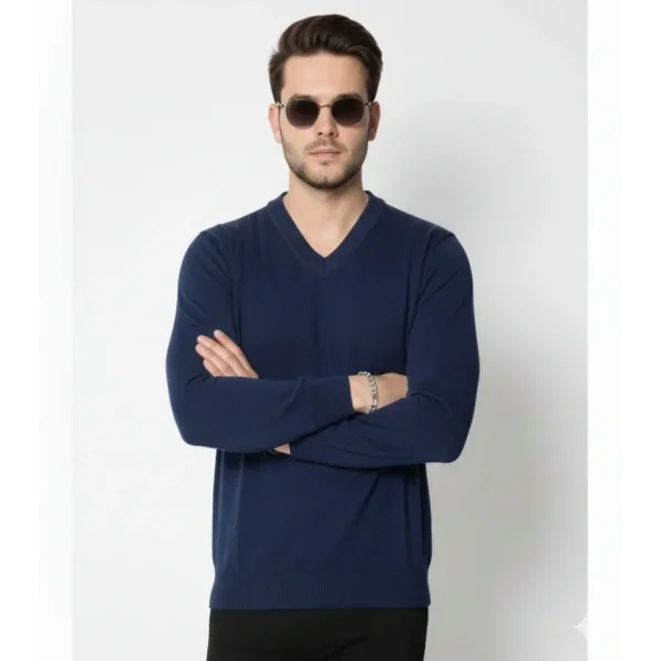 Erkek V Yaka Triko Kazak Yumuşak Dokulu Pamuklu Ince Dokuma, Uzun Kollu Rahat Regular Kalıp - Lacivert