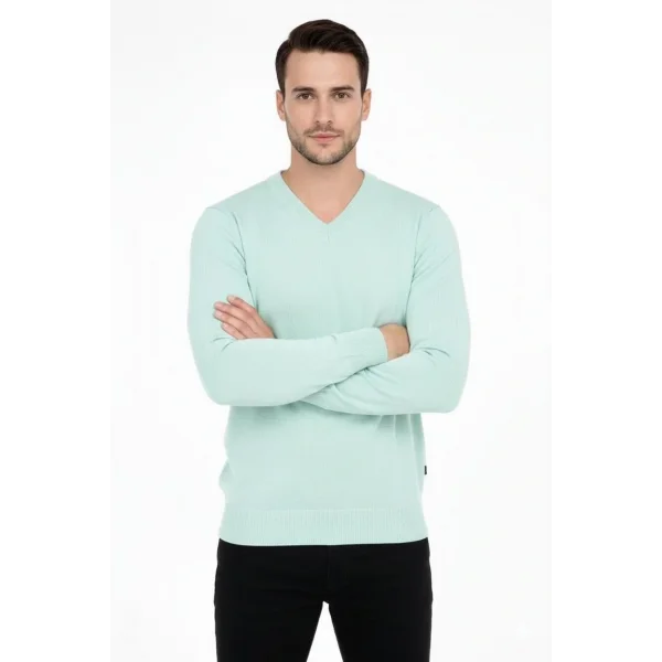 Erkek V Yaka Triko Kazak yumuşak dokulu Pamuklu ince Dokuma, uzun kollu Rahat Regular kalıp - Mint Yeşili