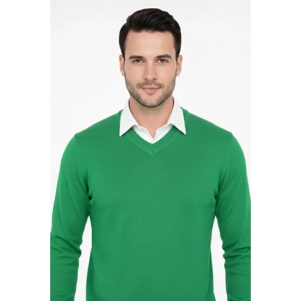 Erkek V Yaka Triko Kazak Yumuşak Dokulu Pamuklu Ince Dokuma, Uzun Kollu Rahat Regular Kalıp - Çimen Yeşili