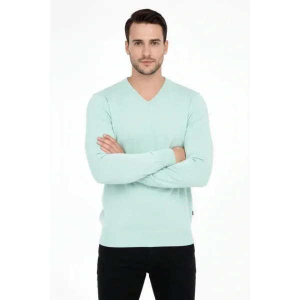 Erkek V Yaka Triko Kazak Yumuşak Dokulu Pamuklu Ince Dokuma, Uzun Kollu Rahat Regular Kalıp - Mint Yeşili