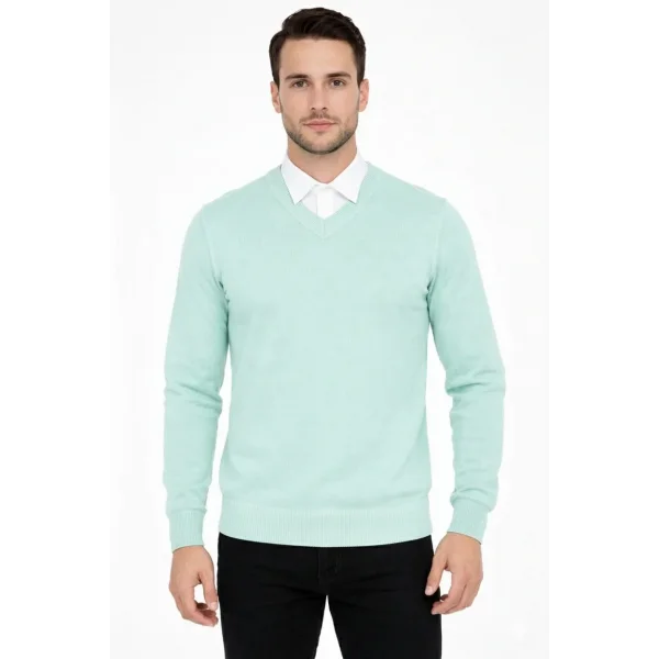 Erkek V Yaka Triko Kazak yumuşak dokulu Pamuklu ince Dokuma, uzun kollu Rahat Regular kalıp - Mint Yeşili
