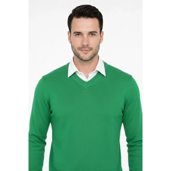 Erkek V Yaka Triko Kazak yumuşak dokulu Pamuklu ince Dokuma, uzun kollu Rahat Regular kalıp - Çimen Yeşili