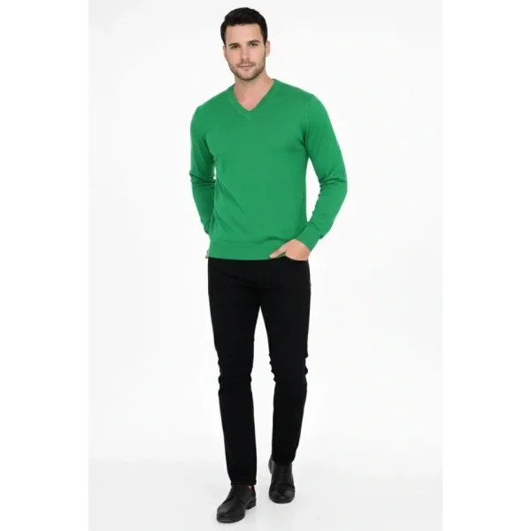 Erkek V Yaka Triko Kazak Yumuşak Dokulu Pamuklu Ince Dokuma, Uzun Kollu Rahat Regular Kalıp - Çimen Yeşili