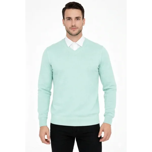 Erkek V Yaka Triko Kazak Yumuşak Dokulu Pamuklu Ince Dokuma, Uzun Kollu Rahat Regular Kalıp - Mint Yeşili
