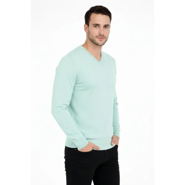 Erkek V Yaka Triko Kazak yumuşak dokulu Pamuklu ince Dokuma, uzun kollu Rahat Regular kalıp - Mint Yeşili
