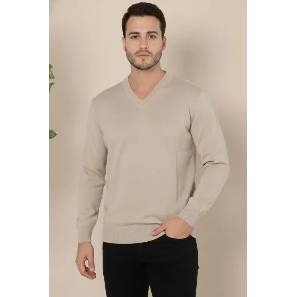 Erkek V Yaka Triko Kazak yumuşak dokulu Pamuklu ince Dokuma, uzun kollu Rahat Regular kalıp - Bej