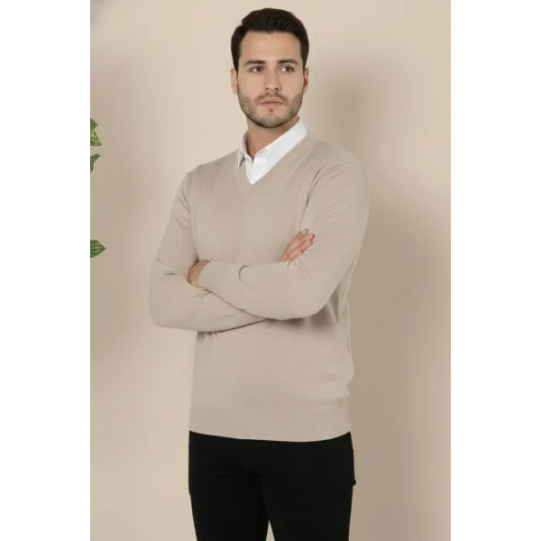 Erkek V Yaka Triko Kazak yumuşak dokulu Pamuklu ince Dokuma, uzun kollu Rahat Regular kalıp - Bej