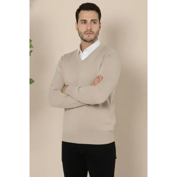 Erkek V Yaka Triko Kazak Yumuşak Dokulu Pamuklu Ince Dokuma, Uzun Kollu Rahat Regular Kalıp - Bej